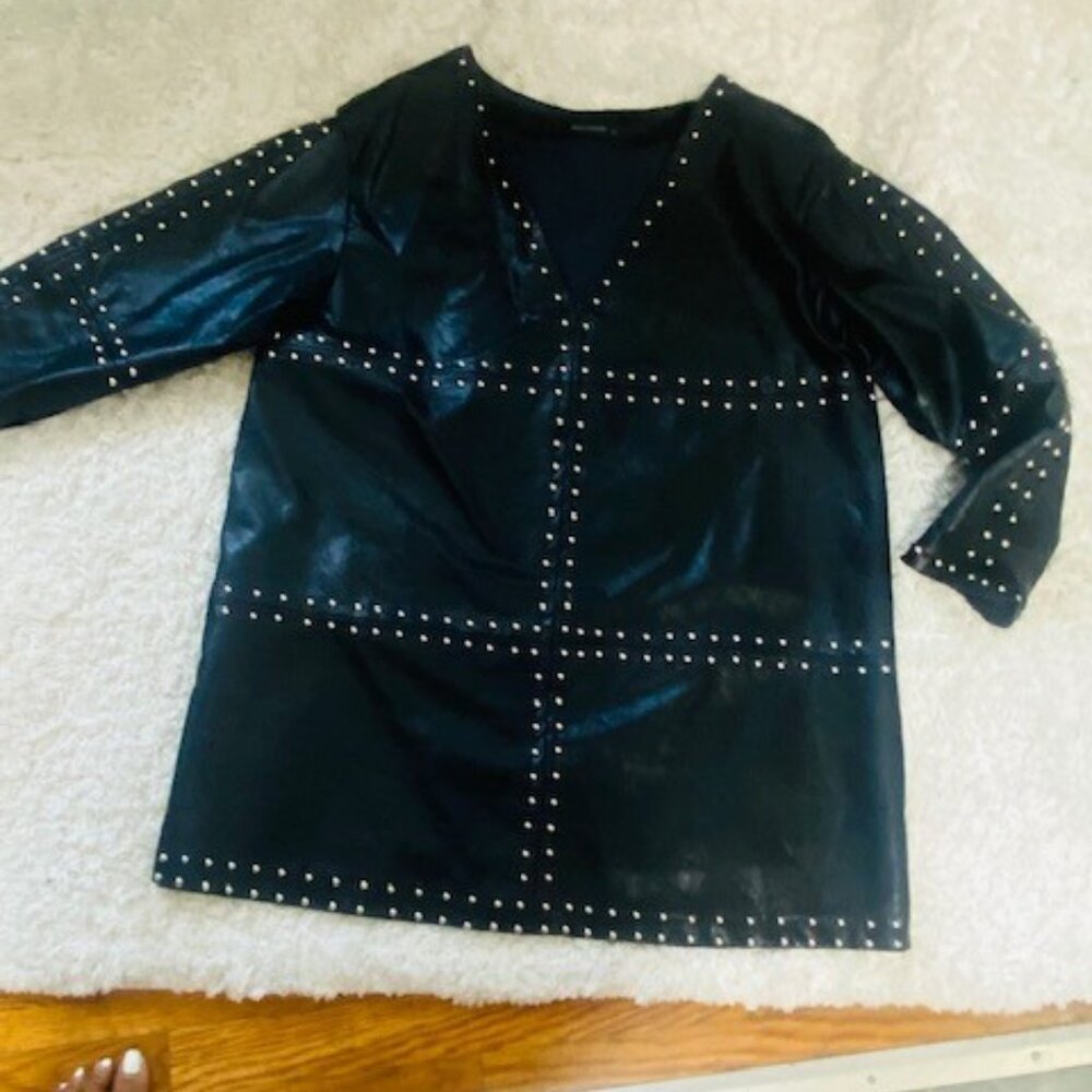 Stud Embelished Coated V-Neck Black Dress XL